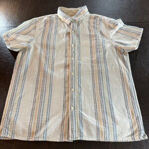 America Eagle Casual Striped Button-Down Shirt in Cream, Peach and Blue Sz L